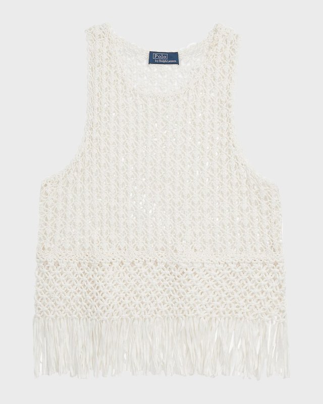 Pointelle-Knit Macrame-Fringe Cotton Top